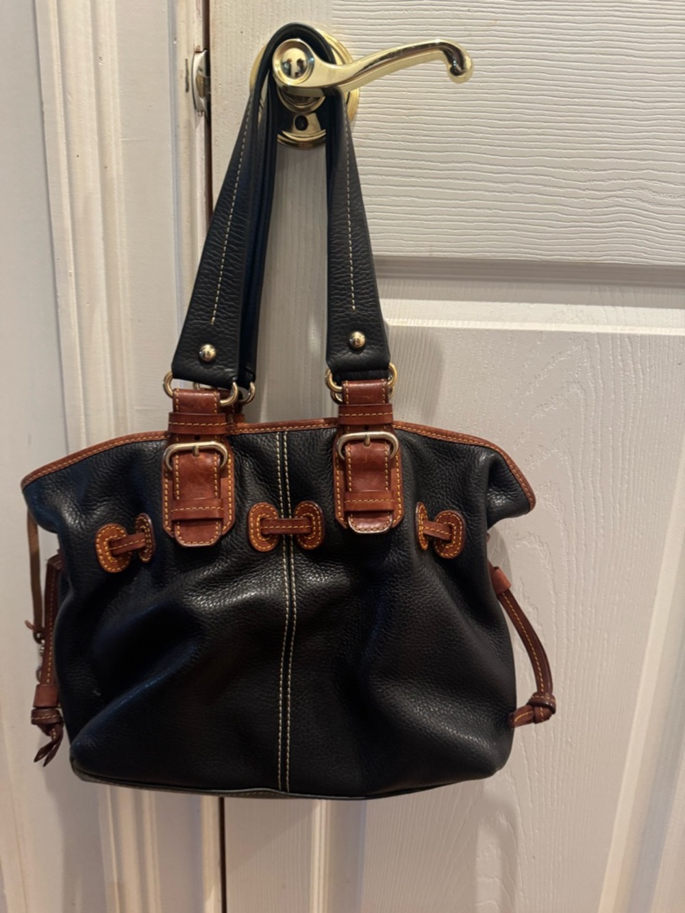 Dooney & Bourke Black Leather Shoulder Bag with Brown Trim